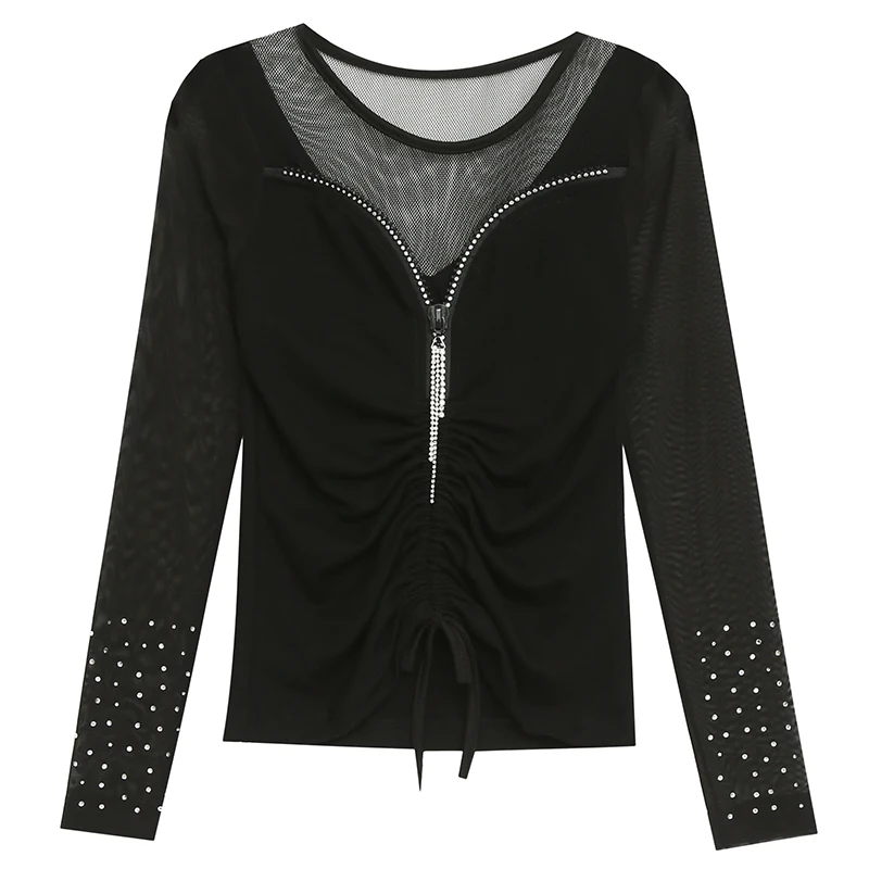 Женская футболка Стразы сексуальные Осенние Топы из сетчатой пряжи с длинным