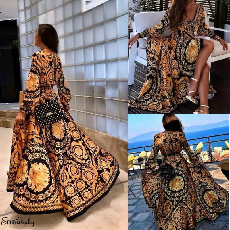 Женское длинное винтажное платье с цветочным принтом разрезом и длинным