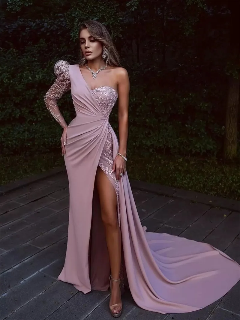 

Вечерние платья на одно плечо, кружевное платье с аппликацией, с разрезом, длина в пол, изящное облегающее вечернее платье с индивидуальным дизайном