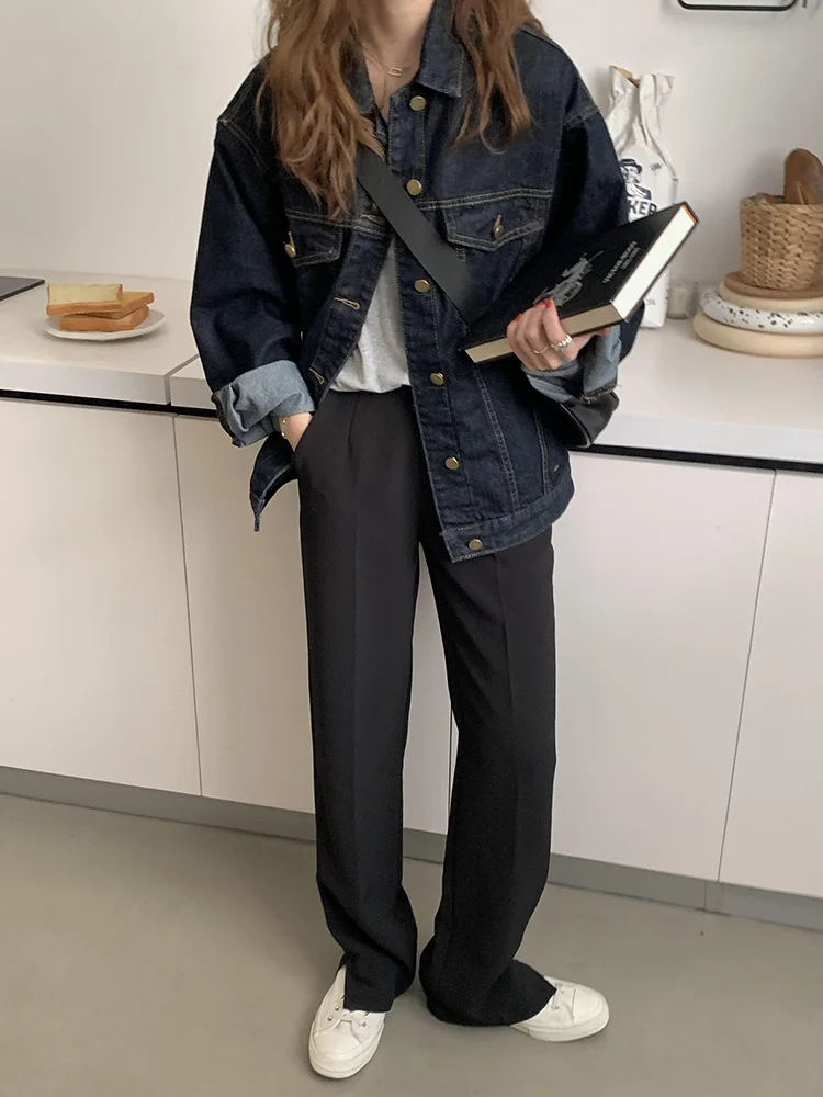 Черные темпераментные брюки женские вертикальные прямые с высокой талией костюм