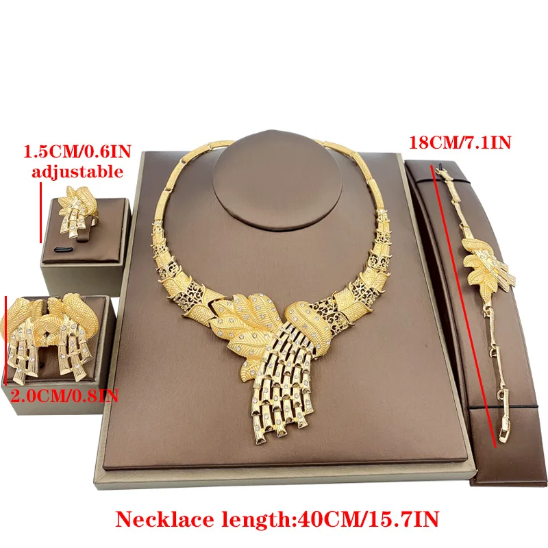 Nigerian Leaf Shape Jewelry Set - Gold Necklace, Bracelet, Earrings, Ring - Women's Dubai Bridal Crystal Wedding Accessory image 6