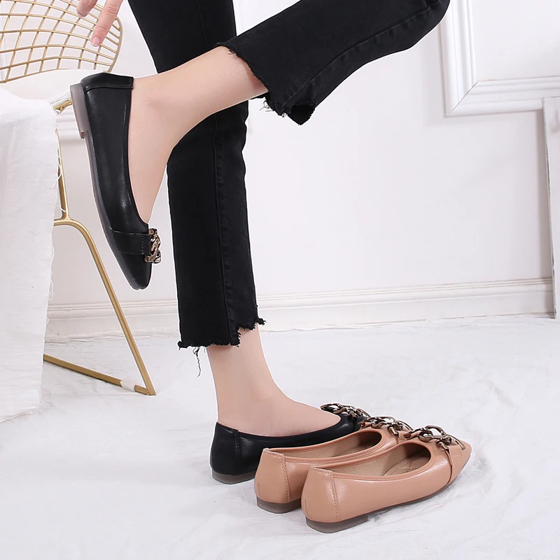 

SNURULANwomen flat shoes spring autumn casual metal chain square toe boat shoes for office lady moccasins leather shoes women