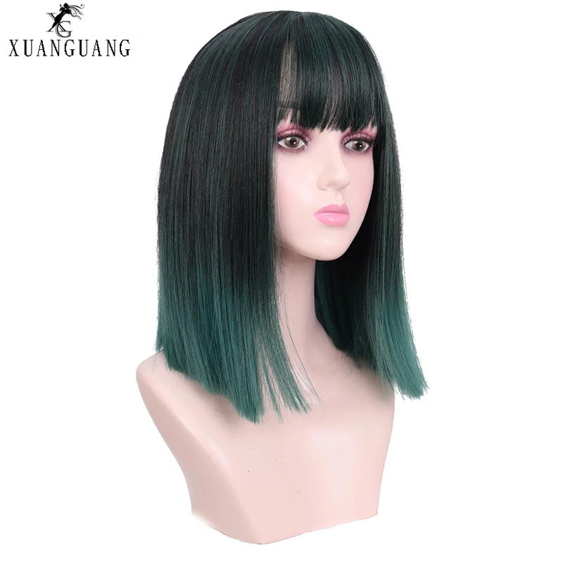 Синтетические парики XUANGUANG Green Ombre для женщин длинные с жаростойкими челками