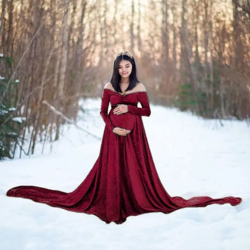 Беременности и родам с открытыми плечами v-образным вырезом платье Вельветовая