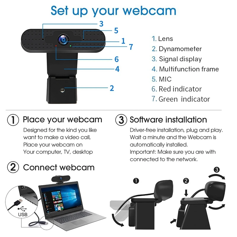 

UC08-2M 1080P HD Webcam, USB2.0 Autofocus Computer Laptop Camera, Webcam with Noise Reduction Microphone