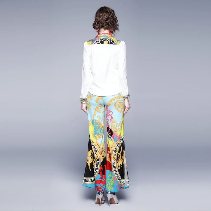

New women's temperament retro printing long-sleeved shirt wide leg pants split flared pants two-piece suit women