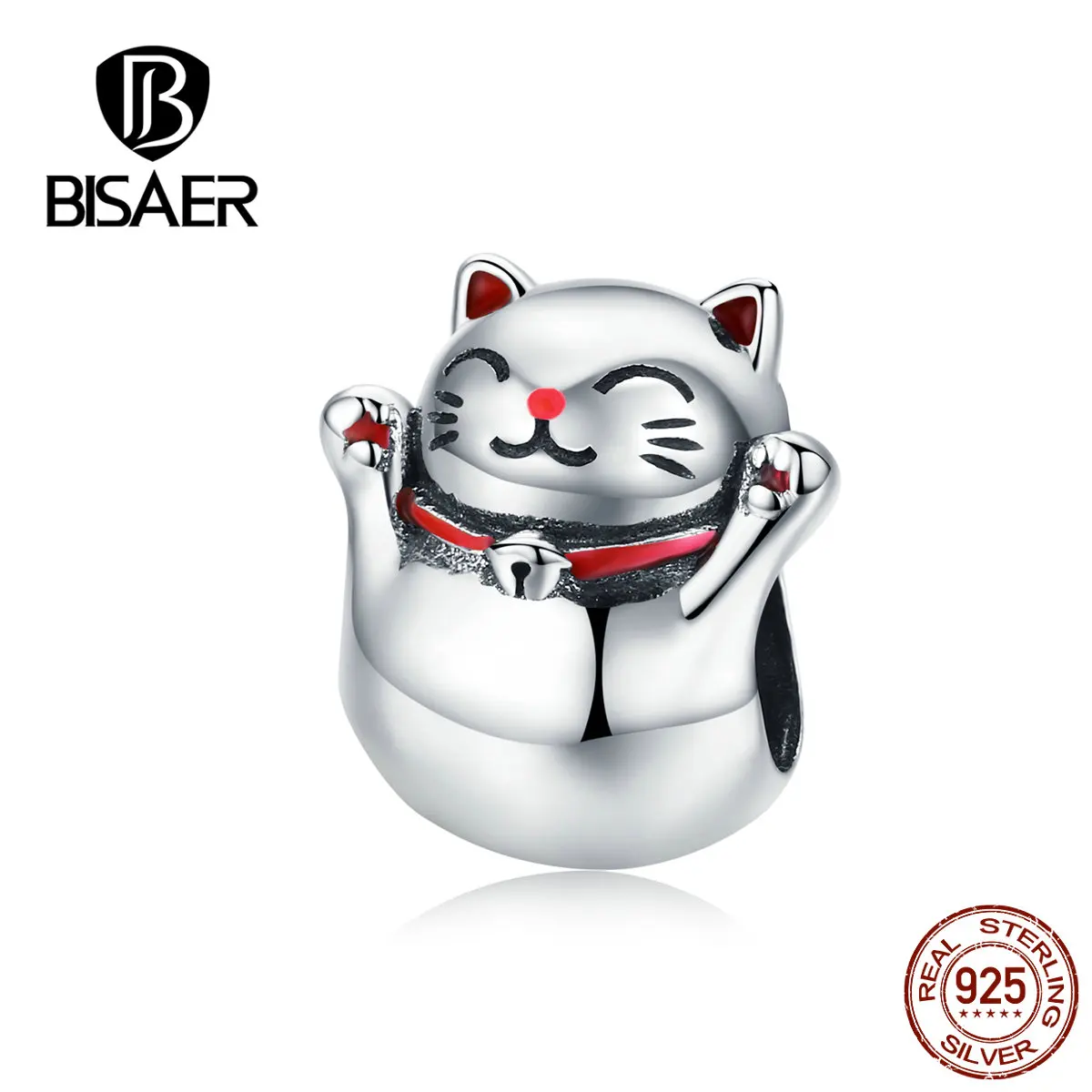 BISAER бусины кошка 925 пробы серебро Maneki Neko Lucky Plutus бусины кошка талисманы подходят DIY браслеты серебро 925 ювелирные изделия ECC1178