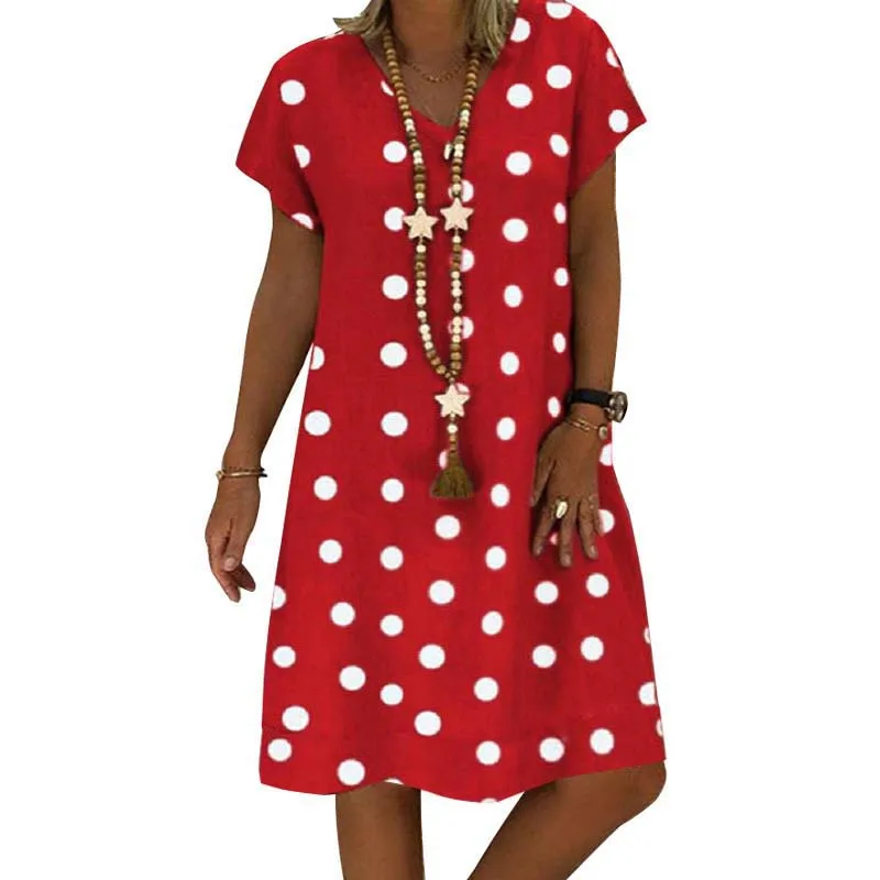 

Fashions Women Midi Dresses 2021 Summer Polka Dot Print V-neck Short Sleeve Female Clothing Casual Plus Size Vintage Dress