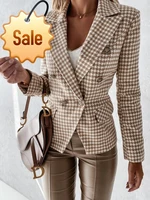 women new notched collar blazer plaid office lady autumn jacket double breasted outwear 2021 casual pocket female suits coat
