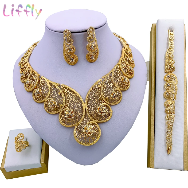 

Liffly Elegant Women African Jewelry Sets Necklace Bracelet Earrings Ring Wedding Bridal Fashion Crystal Jewelry