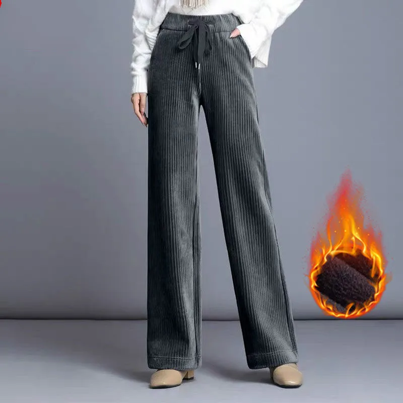 

Autumn Winter Pants Women Vintage Corduroy Pants Women Plus Velvet Trousers Loose Casual Korean Style Wide Leg Pants Y20