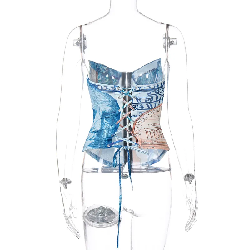 

Beyprern Vintage Money Printed Strapless Sexy Laced Up Corset Tops Chic Womens Boned Tube Top Body Shaper Slim Tanks Club Vest