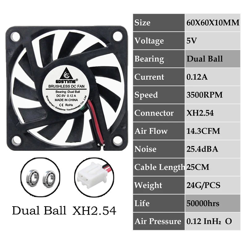0.12A6010B5V2P2.54 2 шт. Gdstime 2Pin DC 5 в 12 В 24 в 24 вольт 6 см 60x60x10 мм 60 мм двойной шариковый подшипник Бесщеточный вентилятор охлаждения 60 мм x 10 мм кулер - Цвет лезвия: 0.12A6010B5V2P2.54