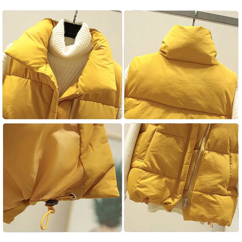 

2021 Winter Women Vest Cotton Sleeveless Jacket Vest Waistcoat Yellow Warm Solid Vests Slim Pockets Women's Clothing