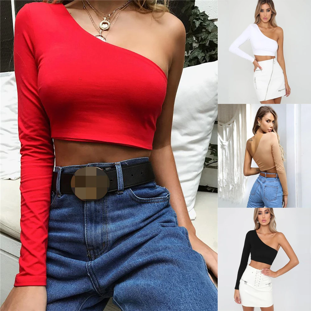 Женская футболка с одним плечом сексуальная Однотонная длинным рукавом белый и