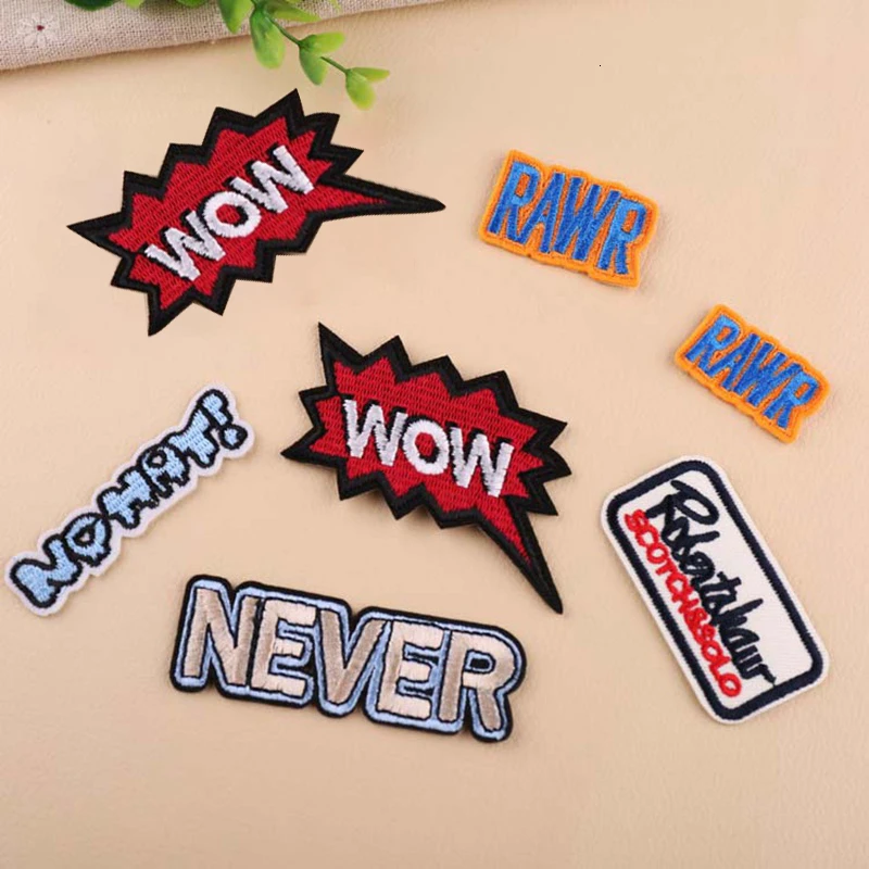 Глажение при с надписями и наклейки мотив значки никогда не Wow слова вышитой