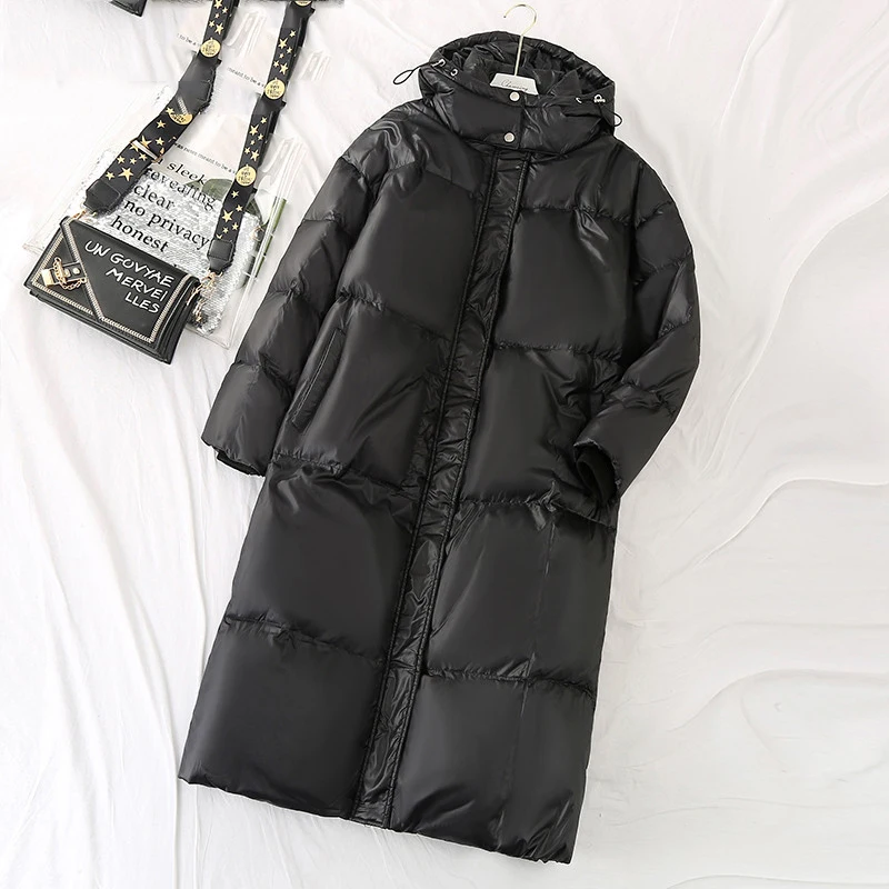 Black Downcoat Long Women Winter Hooded 5XL Plus Size Jacket Zipper White Duck Down Warm Light Large Loose Casual Parkas