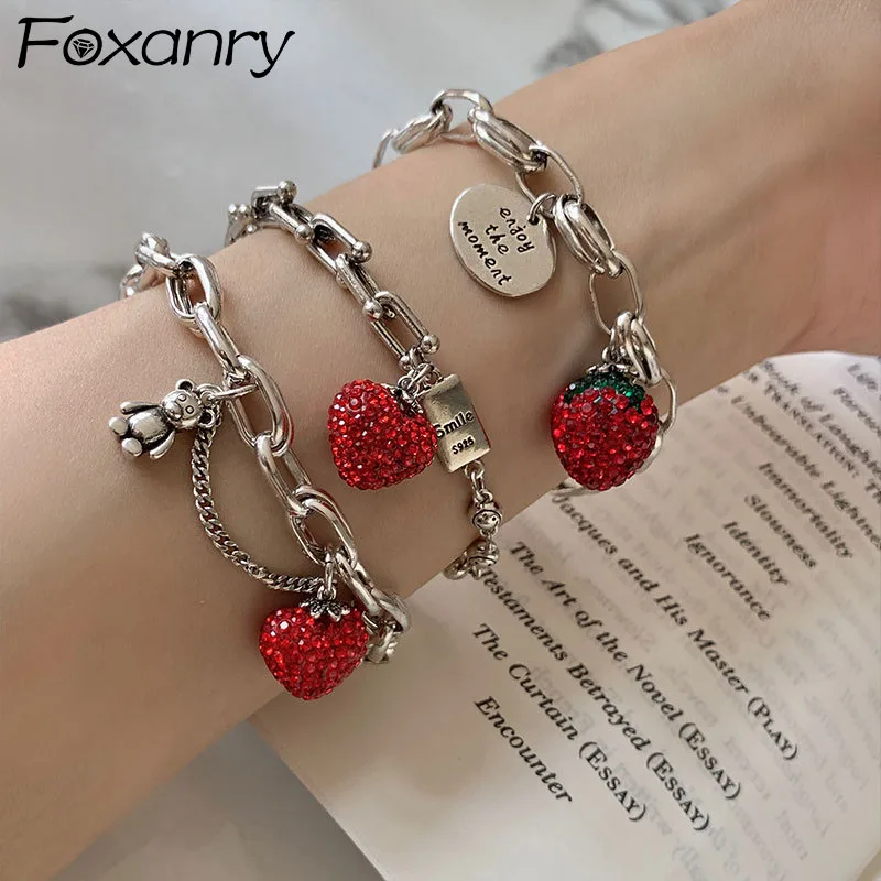 

FOXANRY Silver Color Thick Chain Bracelets for Women Trendy Elegant Charming Sparkling Strawberry Zircon Party Jewelry