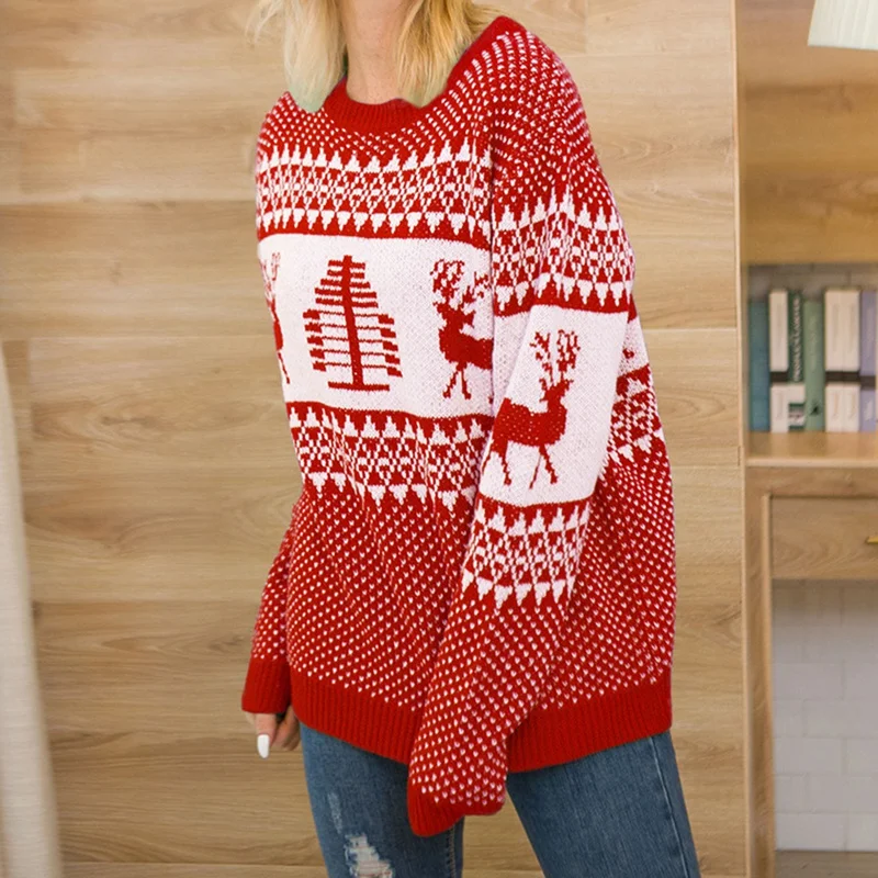 

Autumn Winter Christmas Pullover Sweater Women's Geometric Elk Sweater Tops Long Sleeve Knitted Pullover