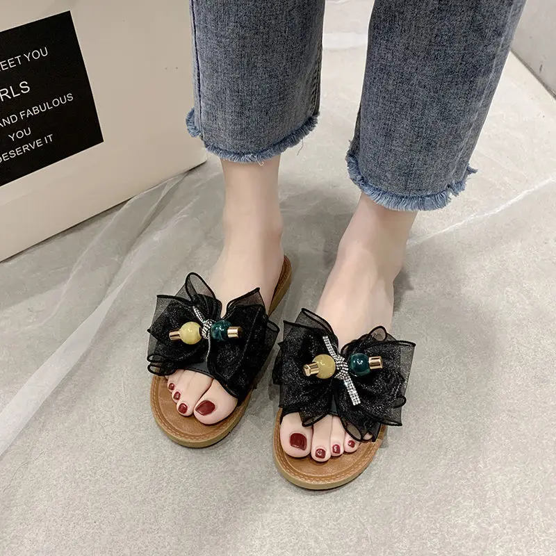 

Leisure Mules Women Modern Slippers Summer 2022 Korean Street Outside Shoes Female Elegant Butterfly Knot Adornment Fashion