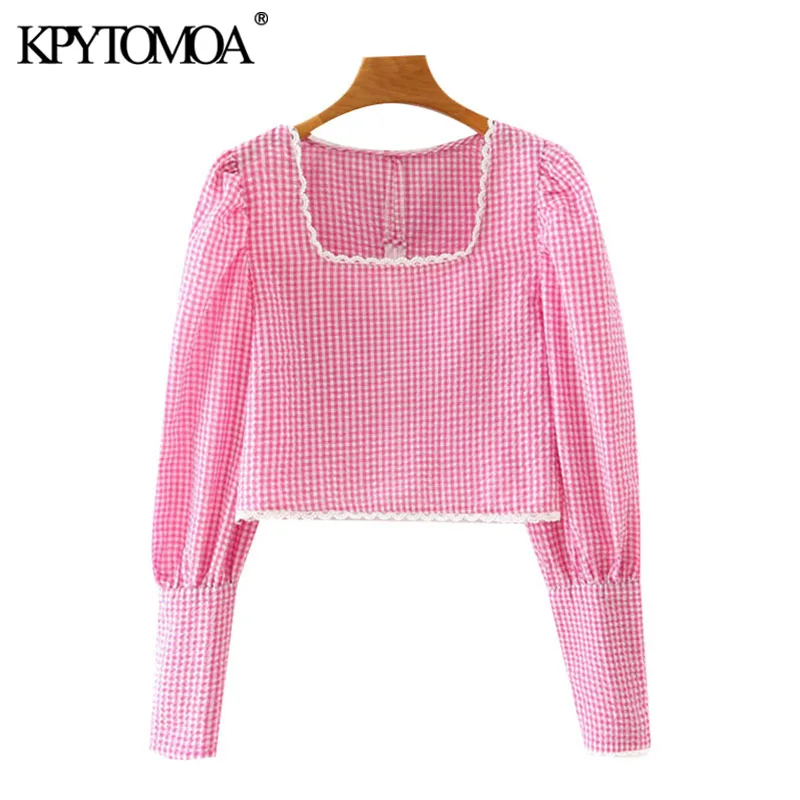 

Женская винтажная клетчатая блузка KPYTOMOA, милая модная блузка с кружевом и квадратным воротником, рубашка с длинным рукавом, шикарные топы, ...