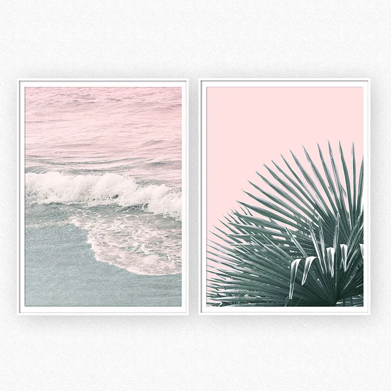 Минималистичный розовый пляжный холст с изображением океанских волн Настенный