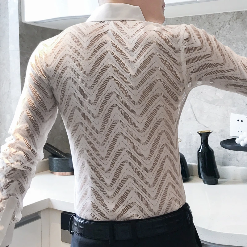 Transparent Shirt Summer Short Sleeve Shirt Camisa Hombre Stitching Stripe Shirt See Through Shirt Men Chemise Homme Marque Luxe