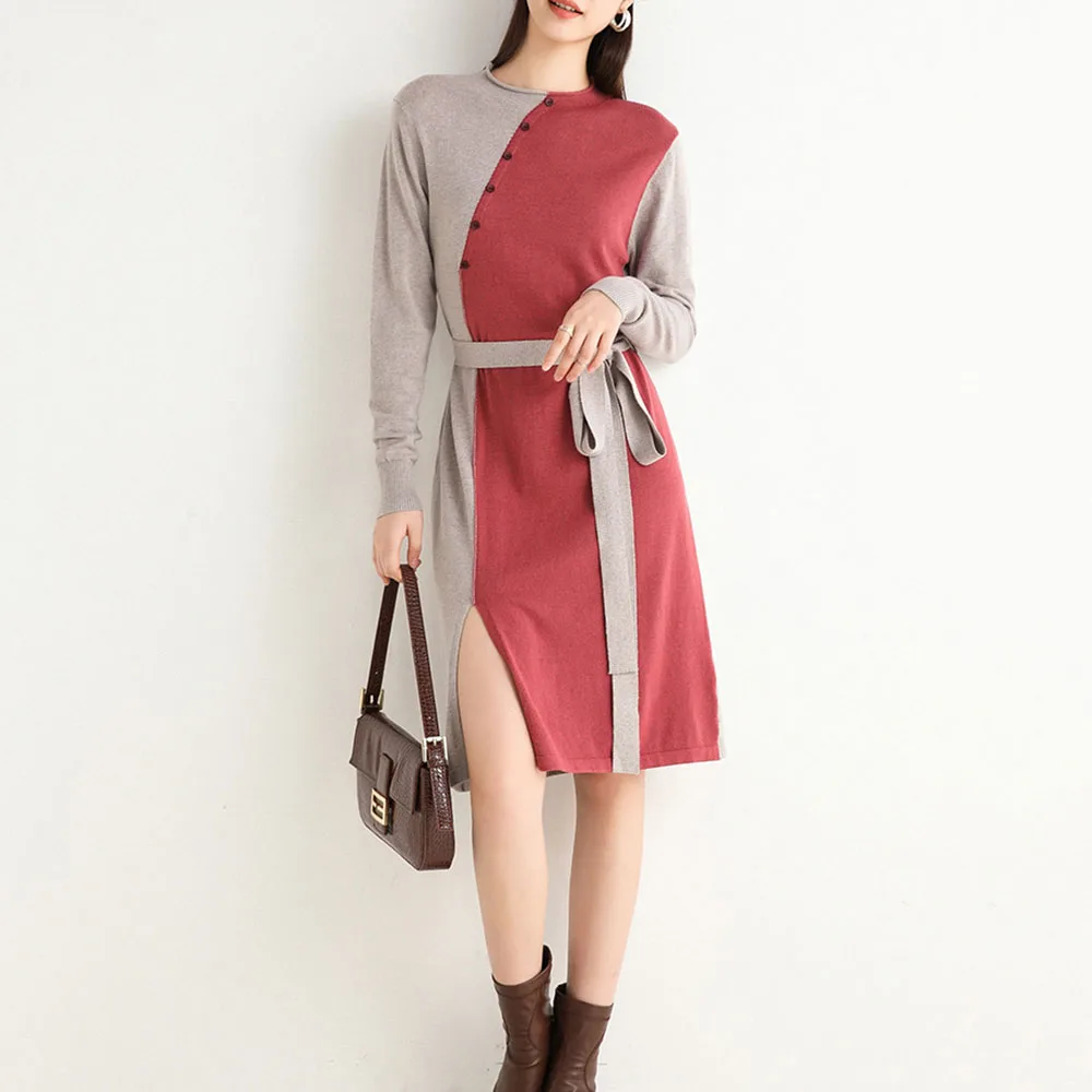 Осенне зимнее трикотажное платье средней длины с сочетающимися цветами новинка