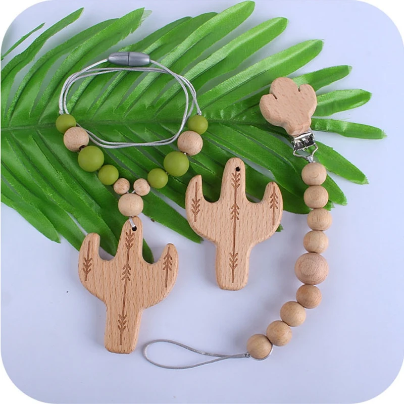 Mordedor de madera org&aacute;nico para beb&eacute;, juguete de dentici&oacute;n Natural, collar de dentici&oacute;n con cuentas de silicona, Clips para chupete reci&eacute;n nacido, cadena de regalo para beb&eacute;-3