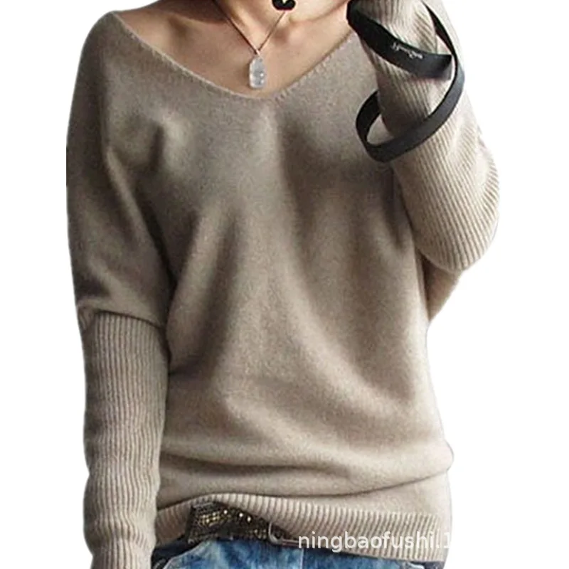

2021 female V-neck bat-sleeve long-sleeved sweater pullover Korean loose wild knitted sweater