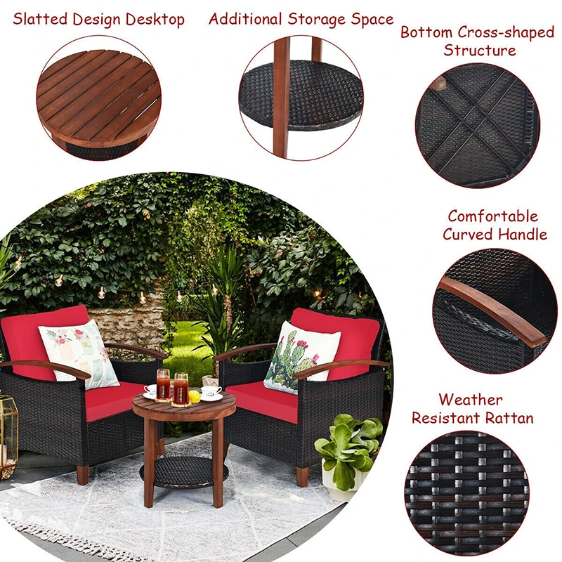 

3 Pcs Solid Wood Frame Patio Rattan Furniture Set Durable Acacia Wood Materials Comfort Thick Cushion Garden Furniture Sets
