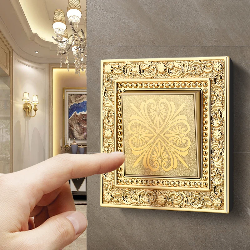 Luxurious metal hand-polished button switch pattern engraving control panel on the wall lighted  light switch 1/2/3 gang 1/2 way