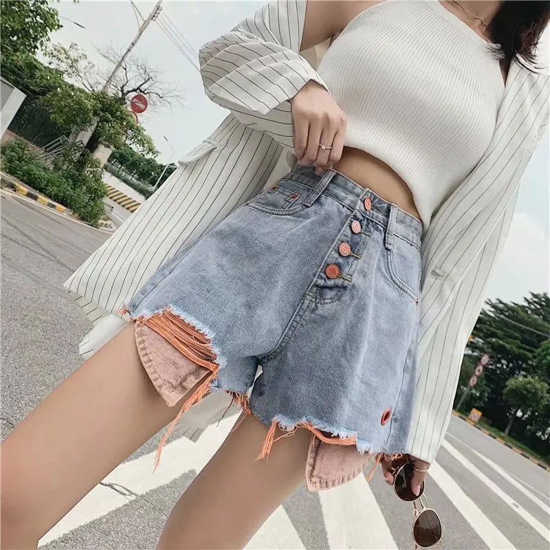 

2021 Harajuku Minimalism High Waist Lady Shorts Jeans Single-breasted Splice Color Pockets Female Denim Chic Elegant Shorts