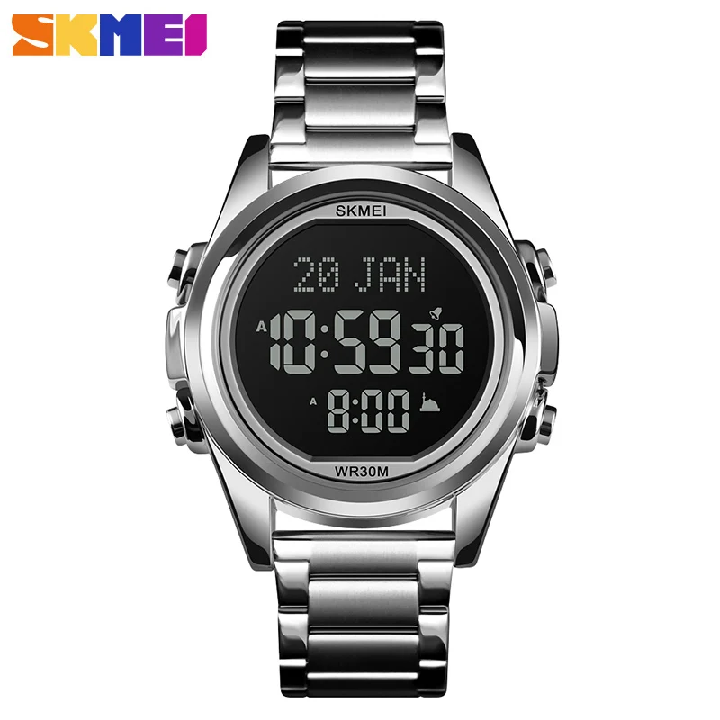 

SKMEI Harameen Muslim Watch Prayer Qibla Compass Wrist Watch Hijri Calendar Silver High Elegant Waterproof Best Muslim Gift