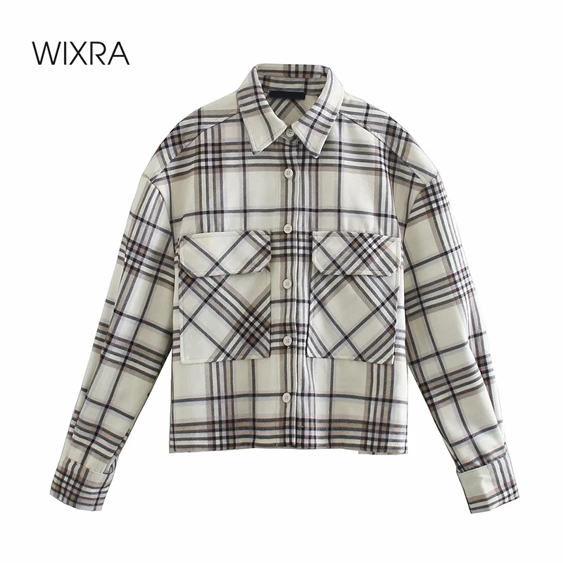 

Wixra Womens Spring Plaid Shirts Full Sleeve Turn Down Collar Elegant Streetwear Blouse Tops New Fashion