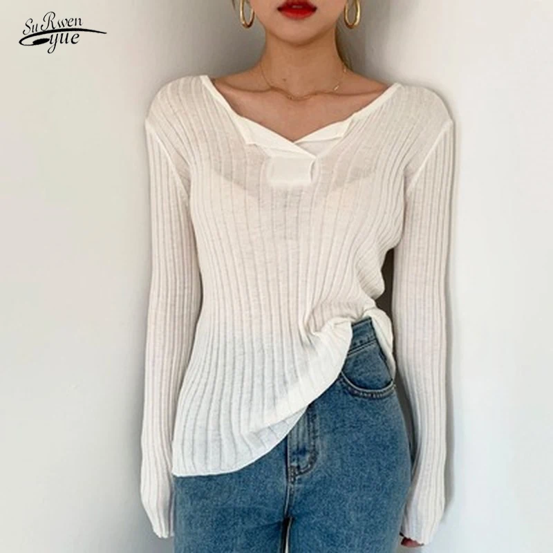 

Осень 2021 Универсальный свитер с открытым воротником приталенный, с удлиненным свитером, универсальная женская блузка 16544