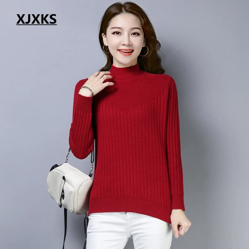XJXKS Solid High Quality Women Pullover And Sweaters Turtleneck Long Sleeve Casual Tops Women's Pull Femme Sweater | Женская одежда