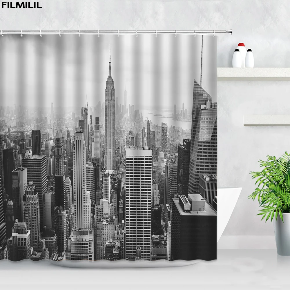 black white new york city scenery shower curtains set 3d building home wall backdrop decor nordic polyester bathroom bath screen free global shipping