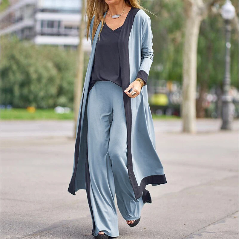 

Autumn Long Cardigan + Sling Tops + Wide Leg Pants Suits Women Elegant 2021 Summer Three-Piece Sets Casual Lady Loose Outfits