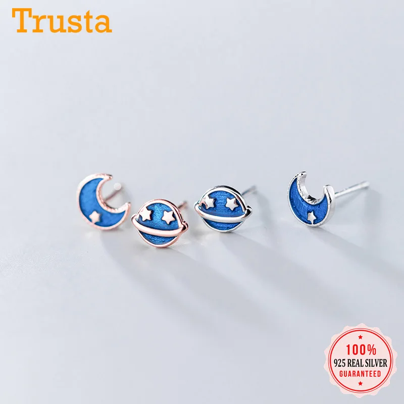 Женские серьги гвоздики из серебра 2018 пробы с Луной и звездами|fashion stud earrings|stud