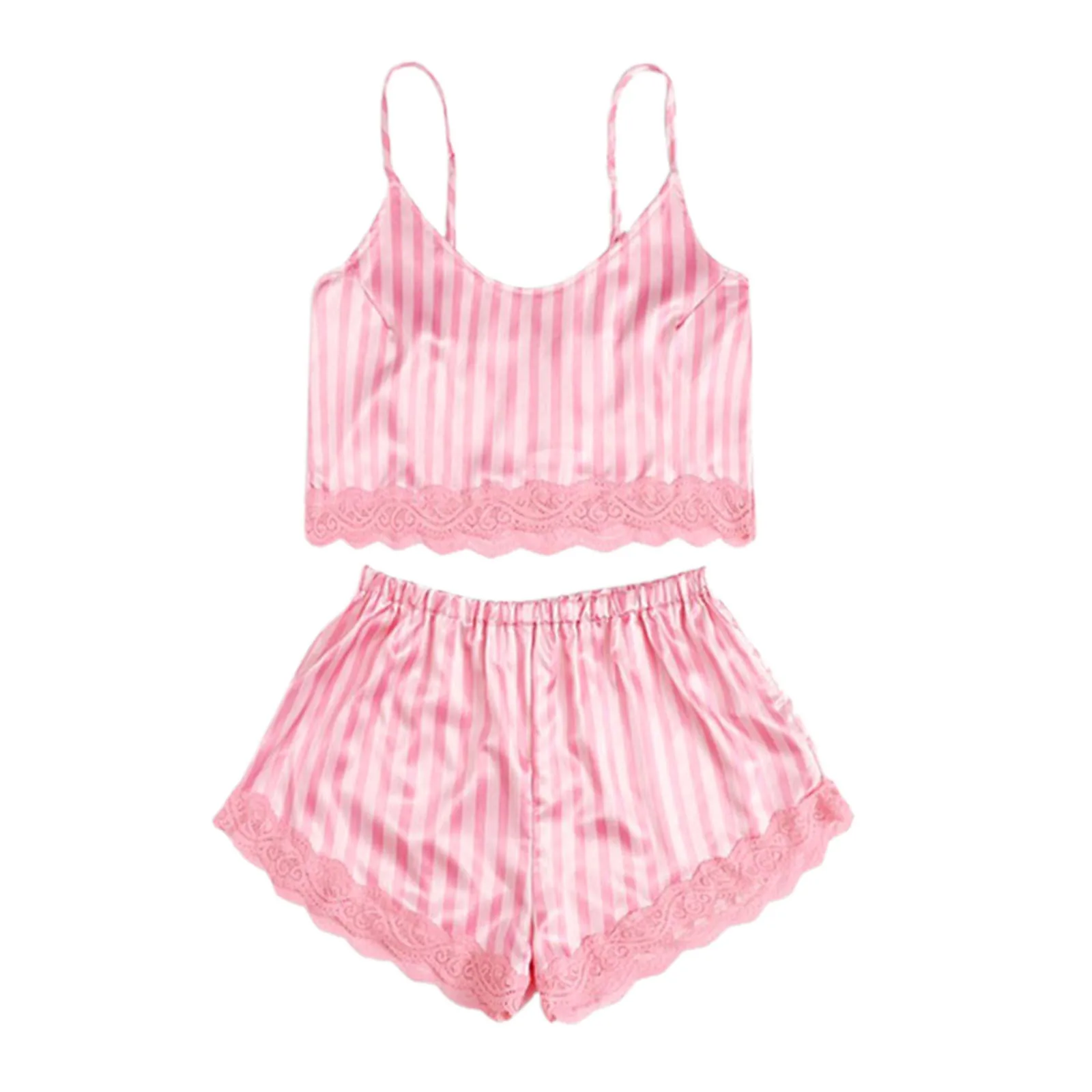

2020 Women’s Sexy Lace Pajamas Sets Summer Stripe or Solid Color Camisole and Shorts Home Satin Sleepwear Nightwear Clothes Suit