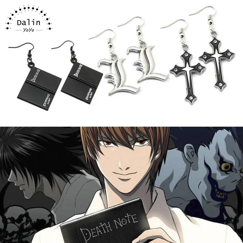 

Anime Death Note Grim Reaper Black Notebook Stainless Steel Cross Black Double L Earrings Cosplay Gift For Women Men Jewelry