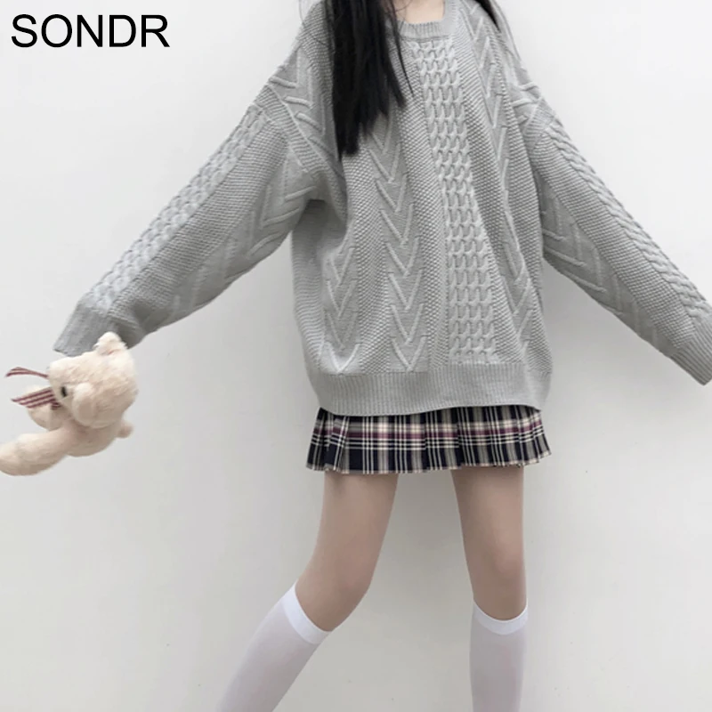 

Women'S Sweater Pullover Autumn Winter 2020 O-Neck Long Sleeve Beige Gray Preppy Style Girly Knit Sweater Korean Ladies Sweaters