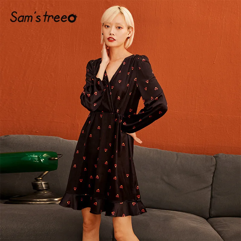 SAM'S TREE/черные однотонные бархатные женские платья с принтом Love, зимнее повседневное офисное Повседневное платье с длинным рукавом-фонариком для девушек