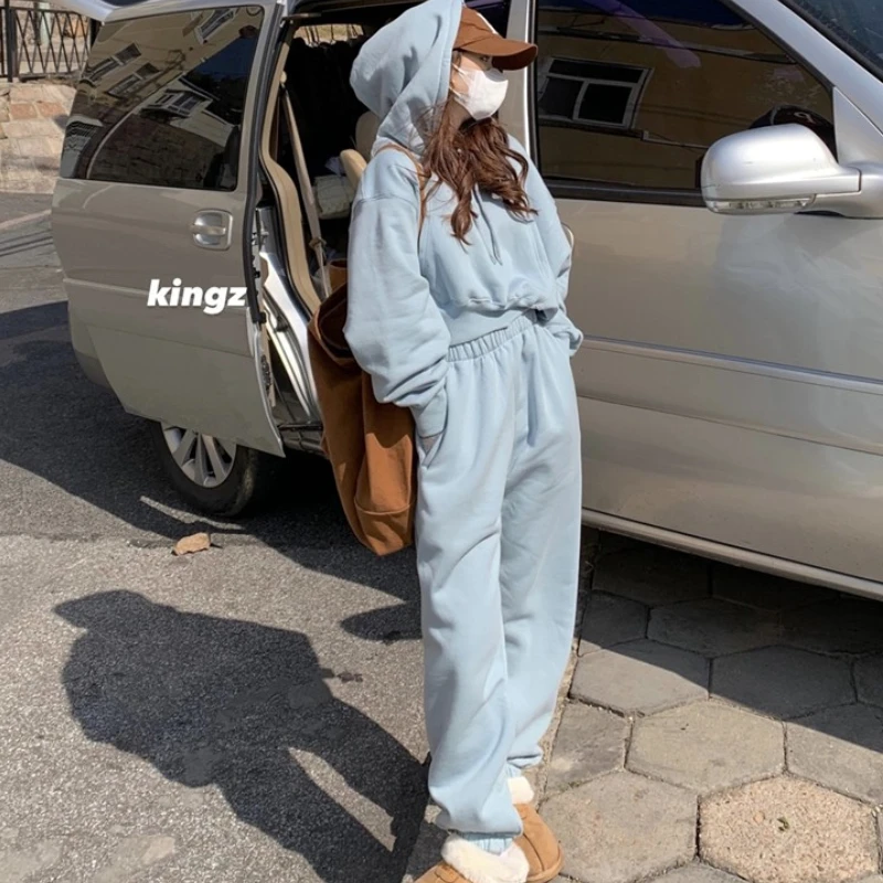 Winter Fleece Warm Tracksuits Setup 2021 Woman Casual Short Hoodie Pullover With Loose Harem Pants Trousers Two-Piece Set |