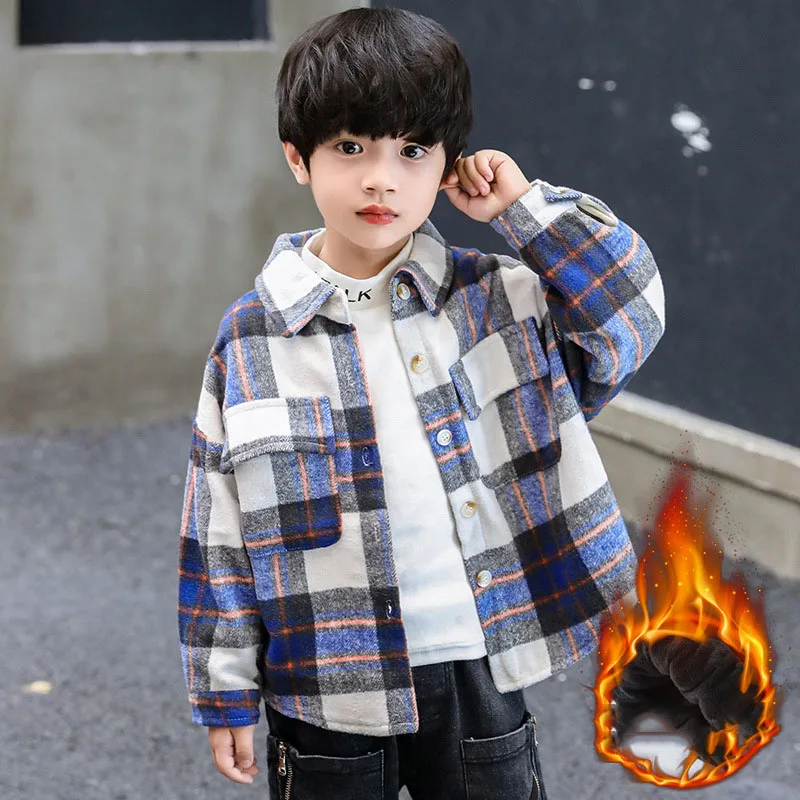 

Autumn Winter Boys Plaid Shirt Fashion Fleece Thicken Tops Teen Kids Casual All-match Blouses 10 12 14 Years Children's Clothing