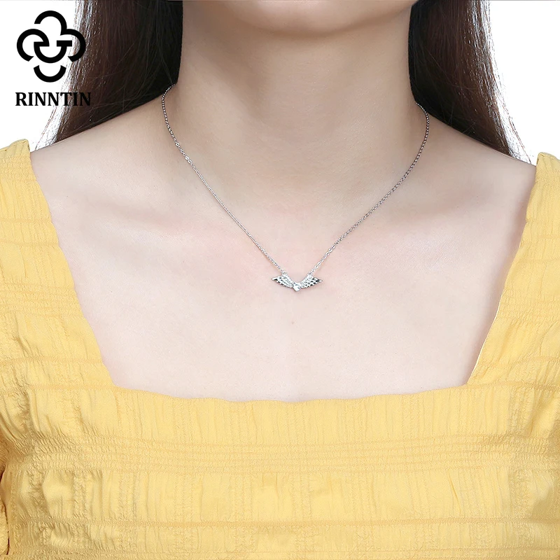 

Rinntin 925 Sterling Silver Necklaces Angel Wing Shape Fixed Pendants Zircon Clavicle Chain Accessories For Women Dating TSN242