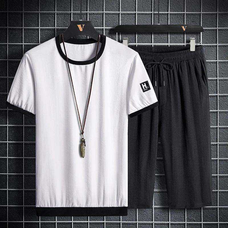 

Sports ice silk suit men's summer loose large size casual sports suit men's short sleeve + cropped trousers two-piece suit