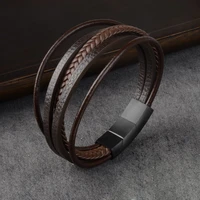 classical genuine leather bracelet men stainless steel magnetic buckle multilayer braided bracelets for men bangle jewelry