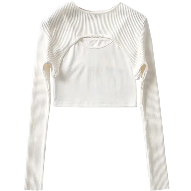 

Niche Long Sleeve Knitted Two-Piece Blouse Ins Hong Kong Style Knitwear + Basic All-Matching Vest Fashionable Short Sweater